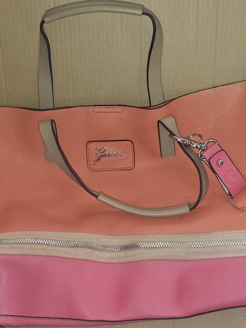 Guess Coral and Pink Tote with Tan Handles